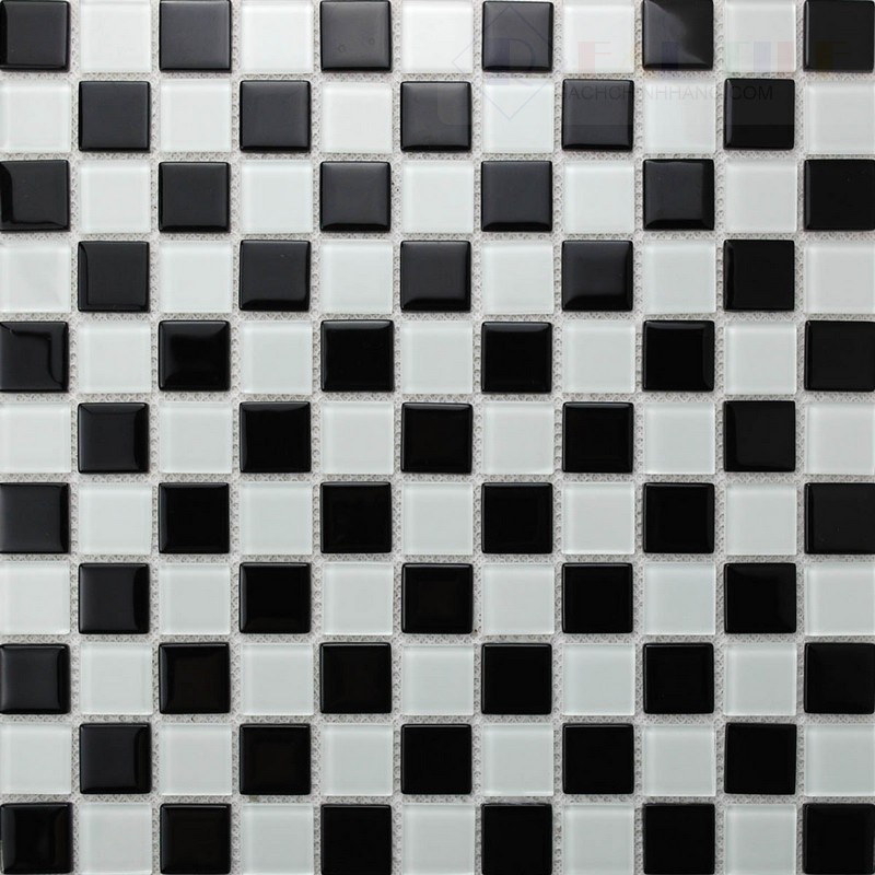 Gạch mosaic thủy tinh ốp tường bếp trang trí trắng đen GV25016